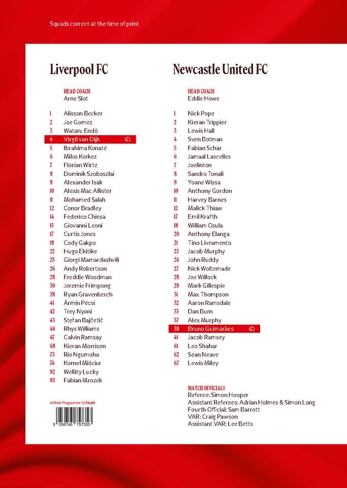 Match programme squadlist
